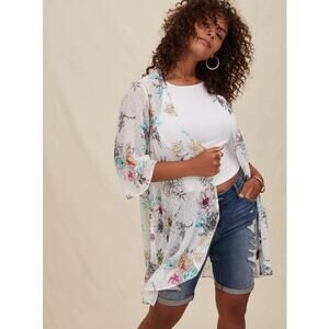 Torrid 1X/2X White Floral Swiss Dot High-Low Kimono Duster Plus Size Open Front